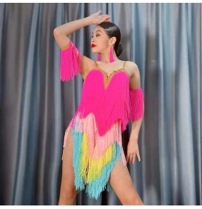 Girls colorful fringe competition latin dance dresses for children kids ballroom salsa rumba chacha stage performance costumes for kids